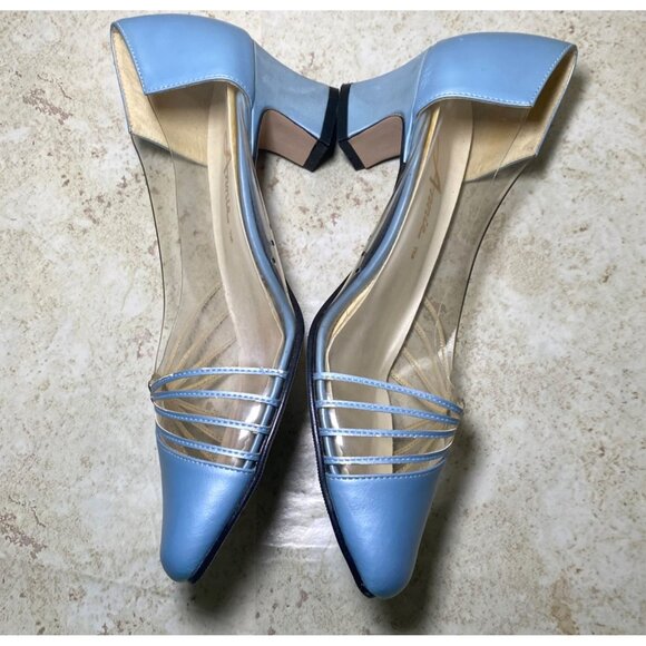 Vintage Womens Princess Blue Pumps Clear Sides Silver Accents Retro Prom Wedding - Picture 10 of 12
